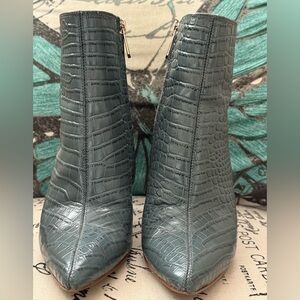 Sam Edelman Raelle Grey Embossed Block Heel Pointed Toe Leather Ankle Boot